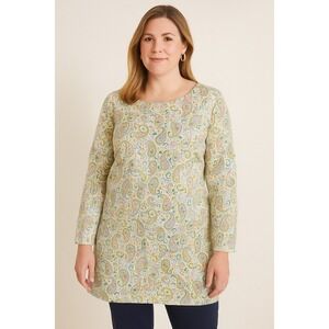 Appleseed's Yellow Green Paisley Print Round Neck 3/4 Sleeve T Shirt Size Large
